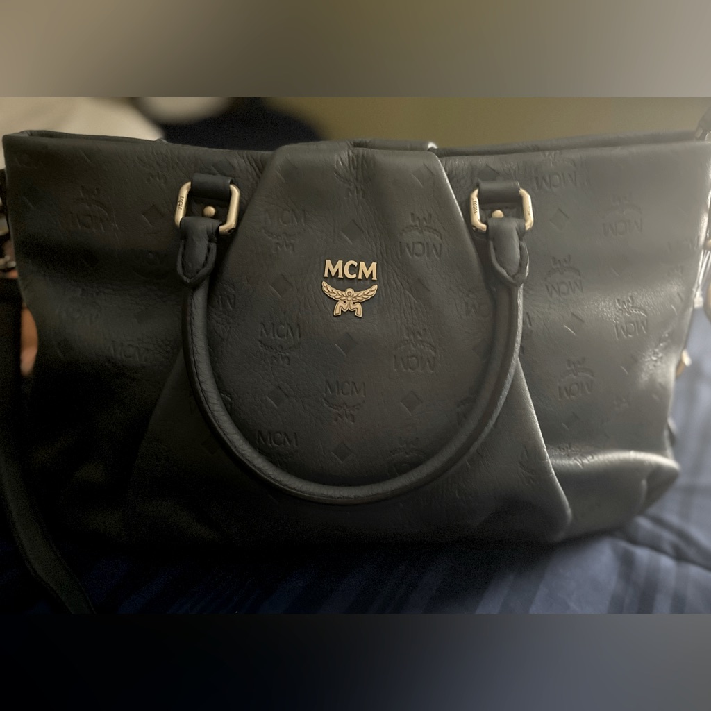 Preloved Mcm Matte Blue Embossed Leather Bag With Gold Hardware